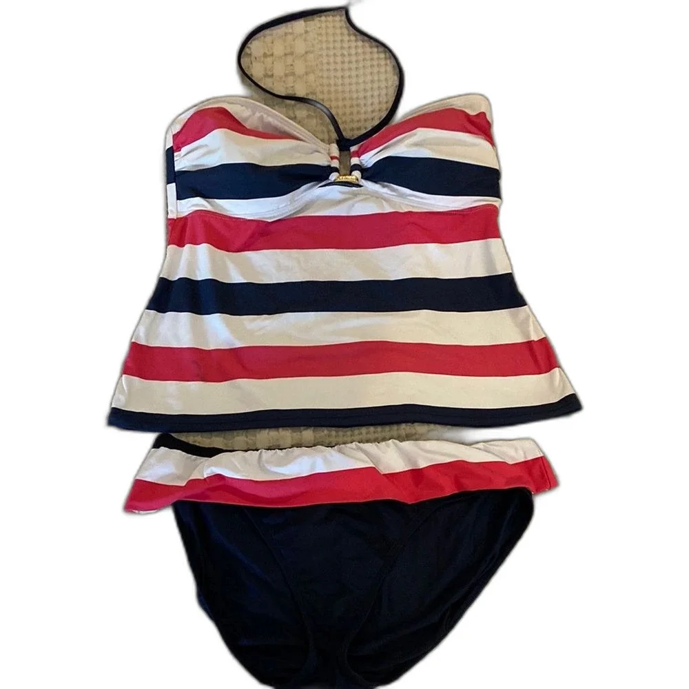 Ralph Lauren Bikini Swimsuit Womens 12 Halter Striped Pink Blue Beach Pool‎